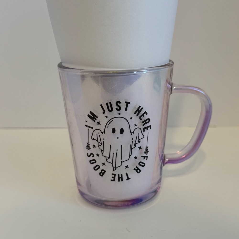 Purple Ghost Mug I’M JUST HERE FOR THE BOOS iridescent glass